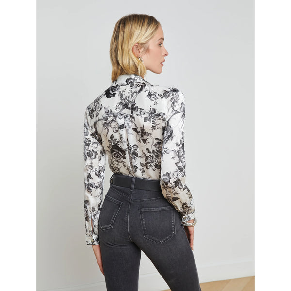 Black Baroque Floral Print Tie Lace Satin Blouse