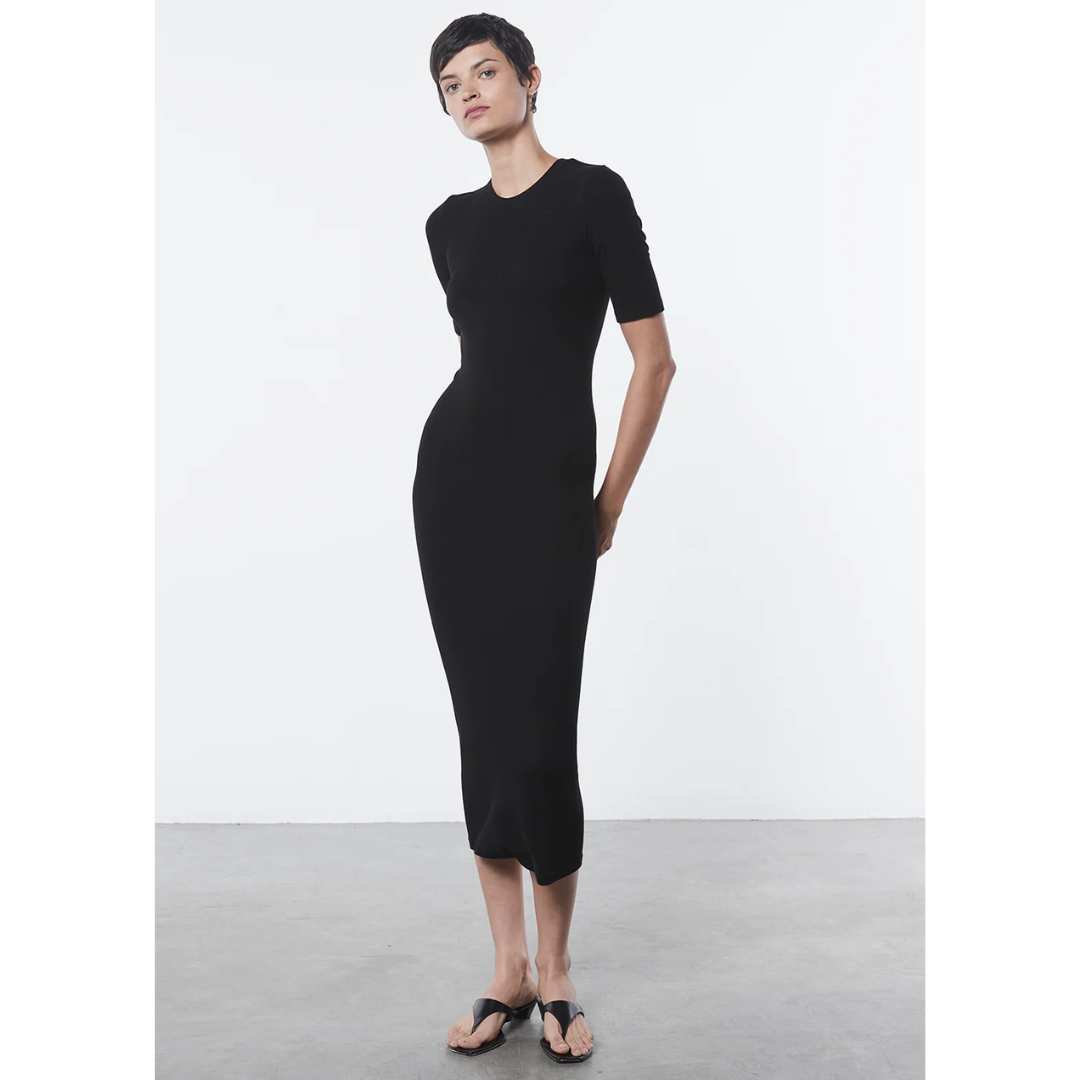 Silk Rib Half Sleeve Midi Dress