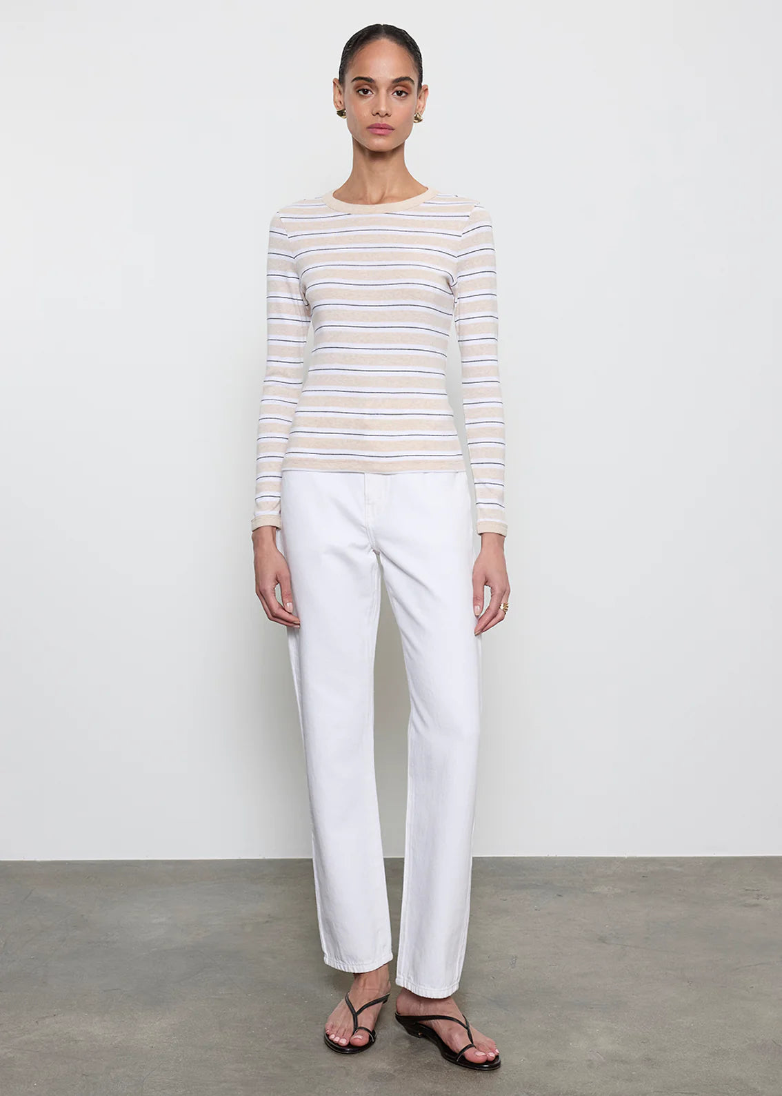 Long Sleeve Cotton Stripe Classic Tee - Wheat/White Stripe