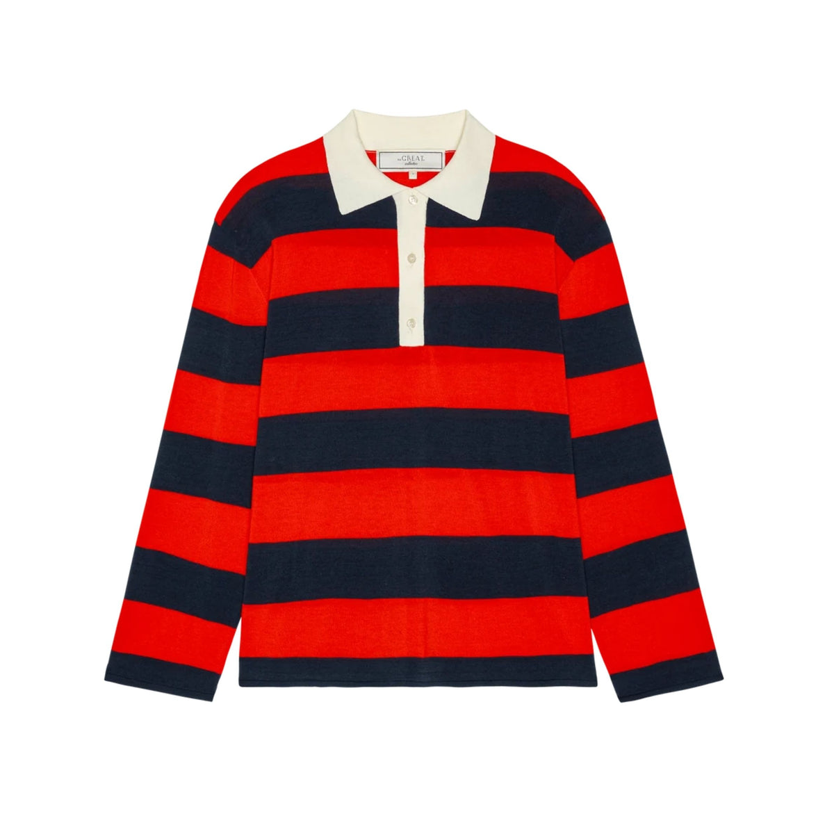 A long-sleeve knit polo-style shirt with bold horizontal stripes in red and navy blue, featuring a contrasting cream collar and a three-button placket.