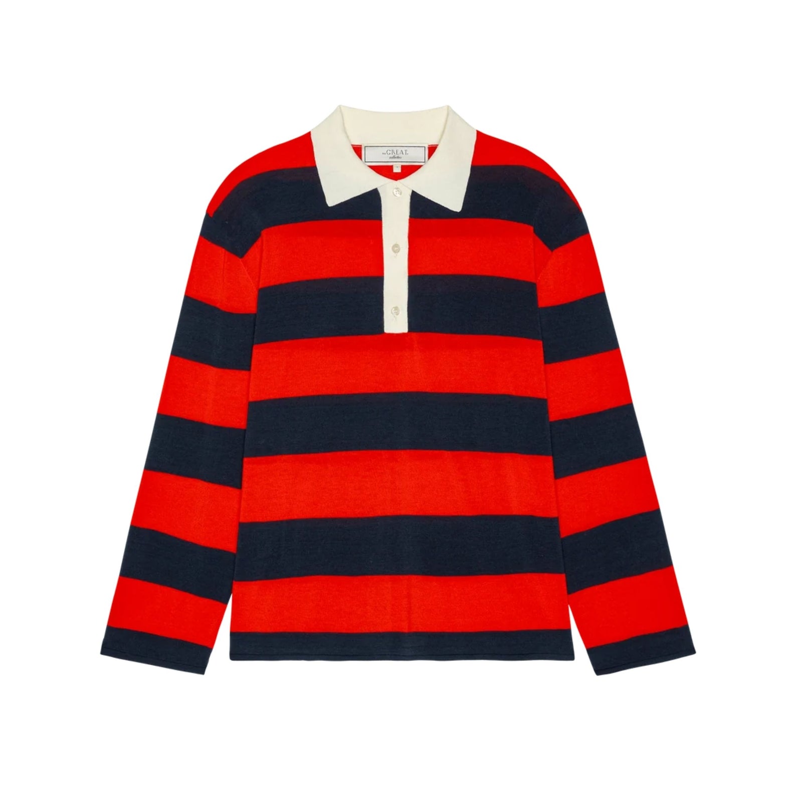 A long-sleeve knit polo-style shirt with bold horizontal stripes in red and navy blue, featuring a contrasting cream collar and a three-button placket.