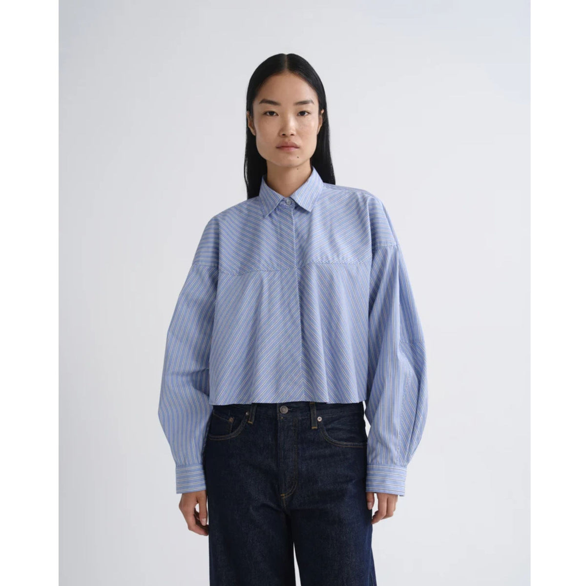 Front close-up view of a model wearing the AGOLDE Agnes Shirt in Meyer Stripe Blue/White—a slightly oversized, long-sleeve button-down shirt with dropping shoulders—paired with dark navy pants against a light gray background.