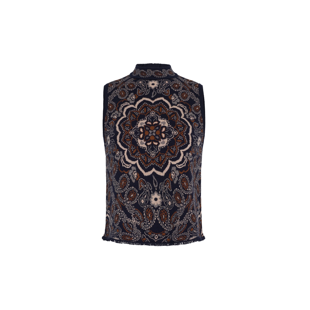 A sleeveless mock neck vest featuring an intricate, symmetrical mandala and paisley pattern in navy blue, brown, and cream, displayed against a solid white background.