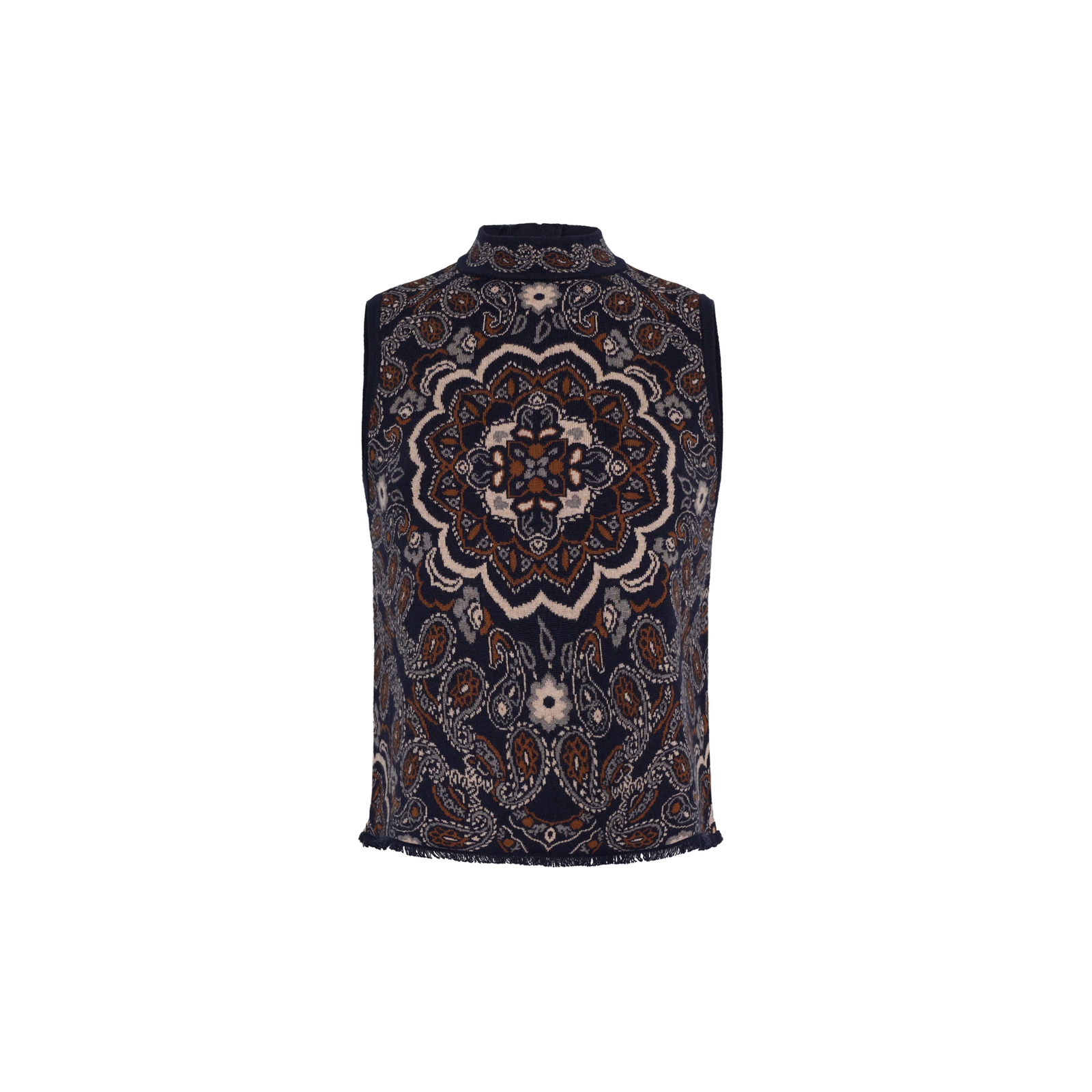 A sleeveless mock neck vest featuring an intricate, symmetrical mandala and paisley pattern in navy blue, brown, and cream, displayed against a solid white background.
