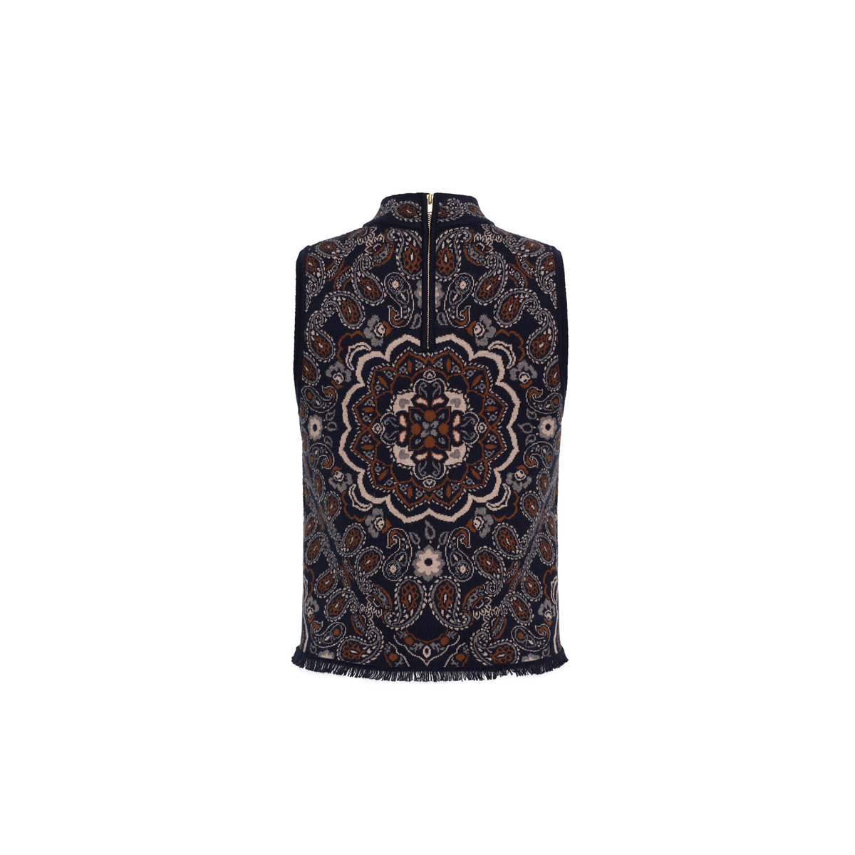 A sleeveless zip-front vest with a high mock neck, featuring an intricate dark navy blue paisley and mandala pattern in brown, beige, and white, finished with a fringed hem.