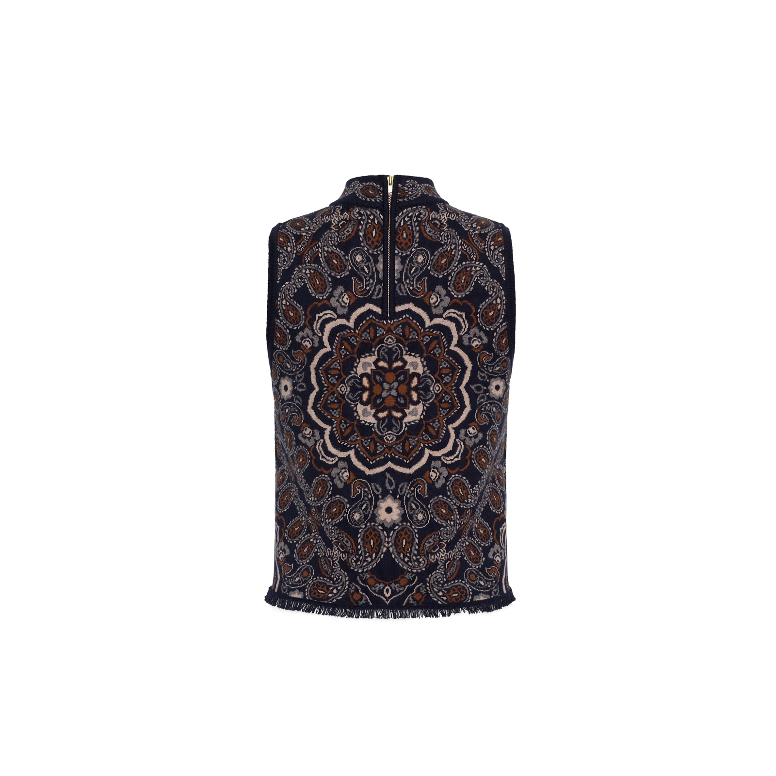 A sleeveless mock neck vest featuring an intricate, symmetrical mandala and paisley pattern in navy blue, brown, and cream, displayed against a solid white background.