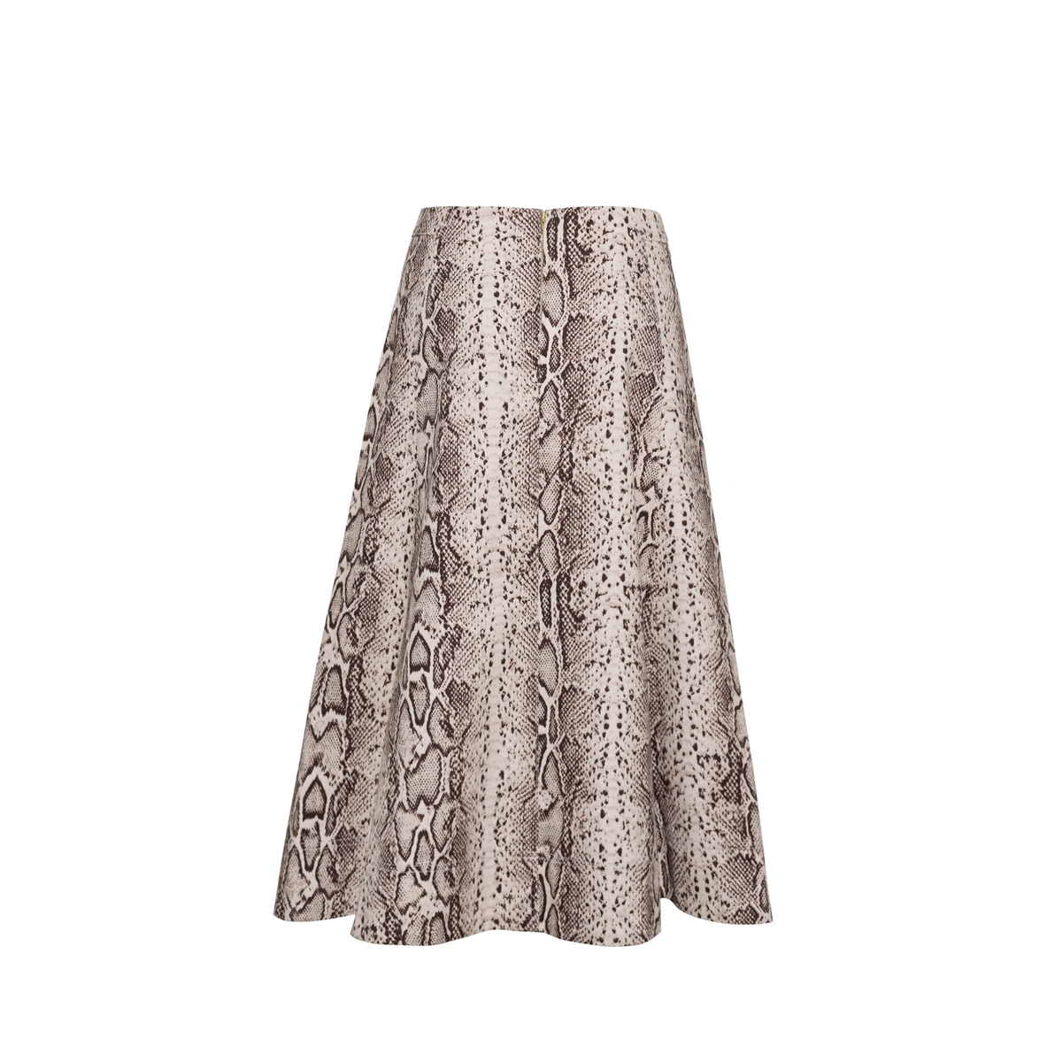 A mid-length A-line skirt featuring a beige and brown snakeskin pattern, displayed on a clean white background.