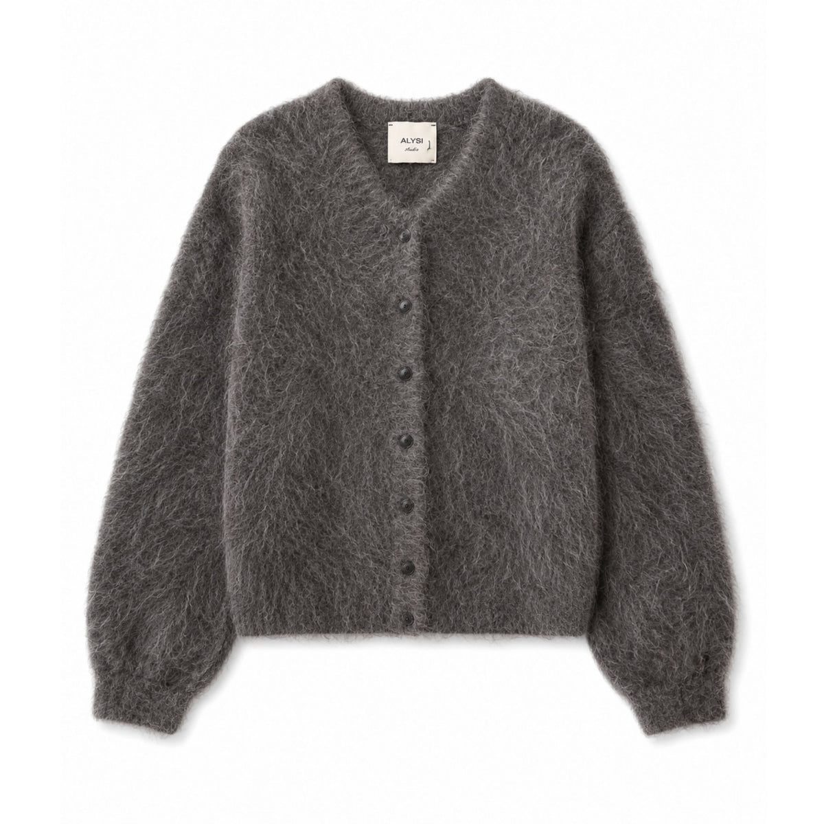 A dark gray fuzzy button-up cardigan sweater with a V-neck, laid flat against a white background. The brand label on the inner collar reads 'ALICE'.