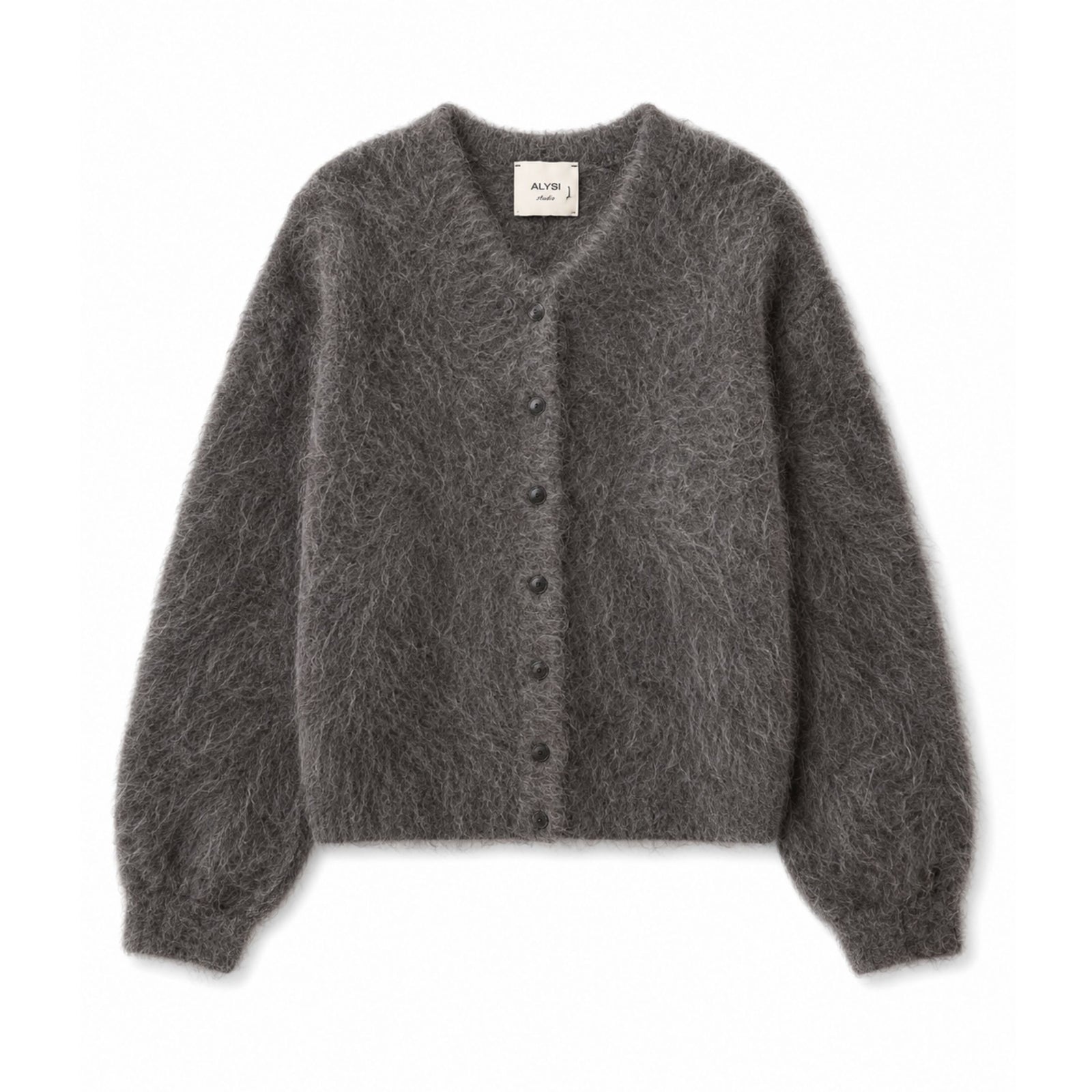 A dark gray fuzzy button-up cardigan sweater with a V-neck, laid flat against a white background. The brand label on the inner collar reads 'ALICE'.