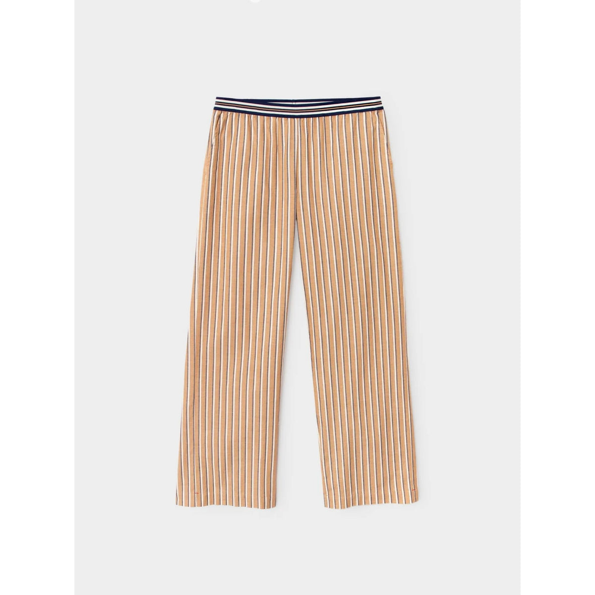 Front flat lay view of the tan, brown, and white striped wide-leg pants shown against a plain white background.