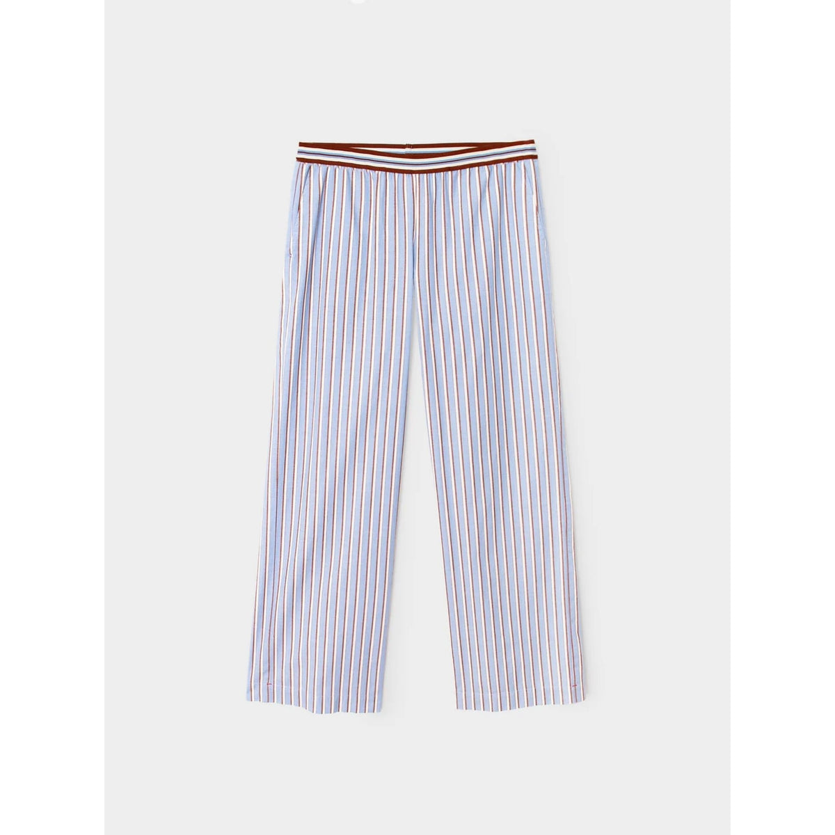 Front flat lay view of the light blue, white, and rust striped wide-leg pants shown against a plain white background.