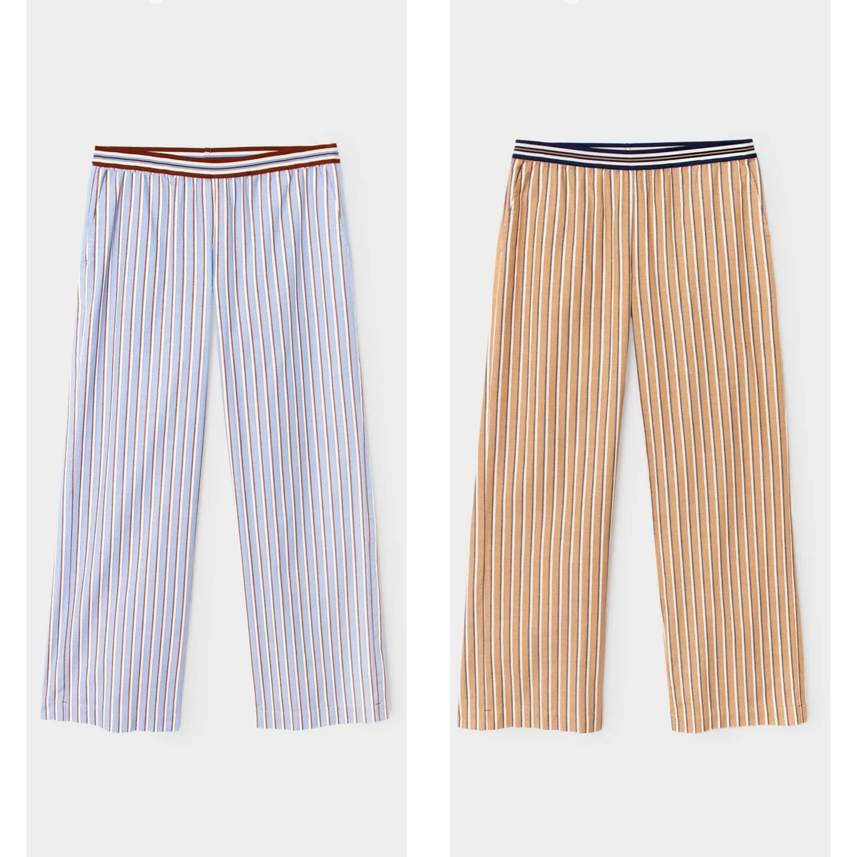 Front flat lay view of the "Alto Pant" wide-leg pull-on pants in light blue, white, and rust brown vertical stripes with a navy ribbed elastic waistband.