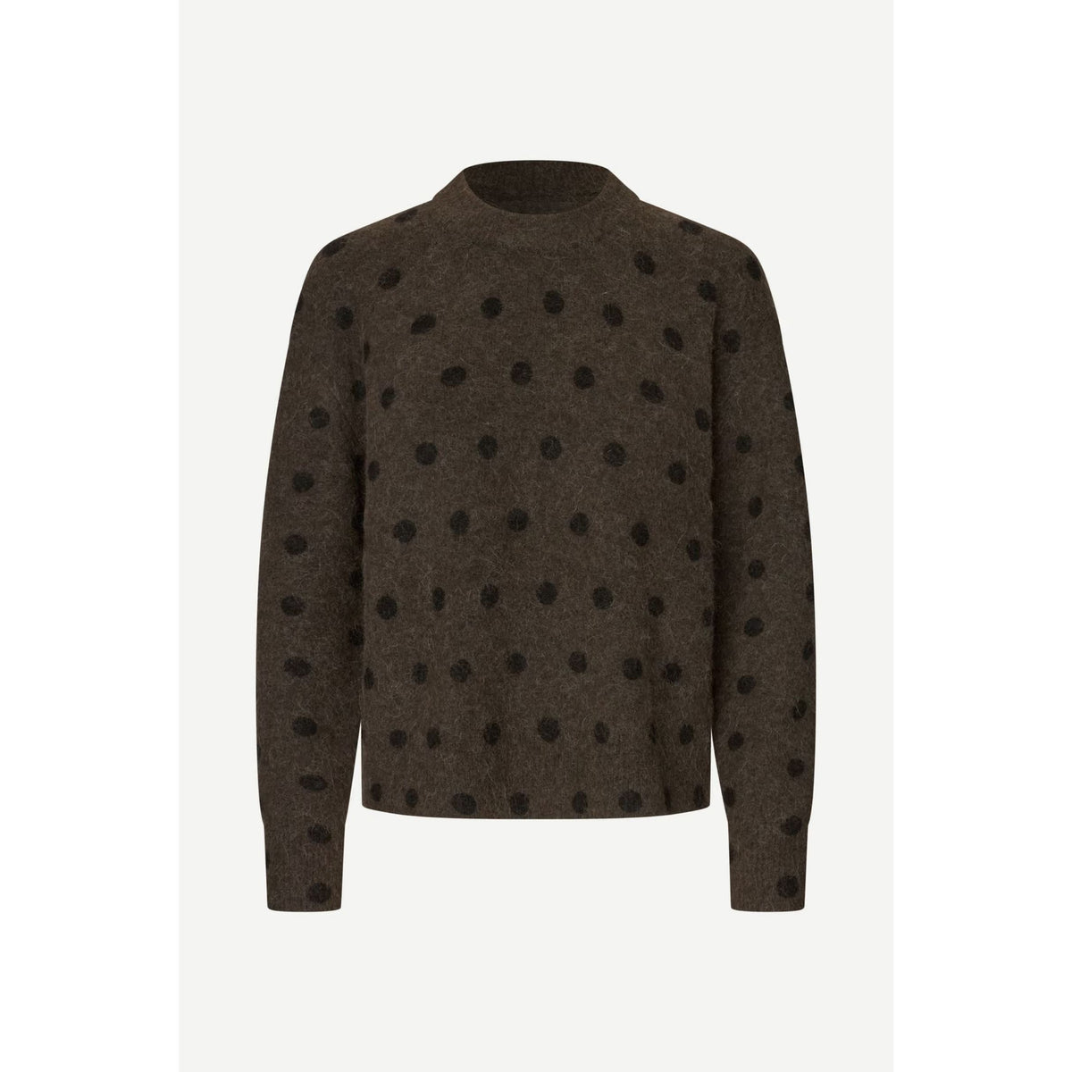 A dark brown knit sweater with black polka dots, displayed on a clean off-white background.