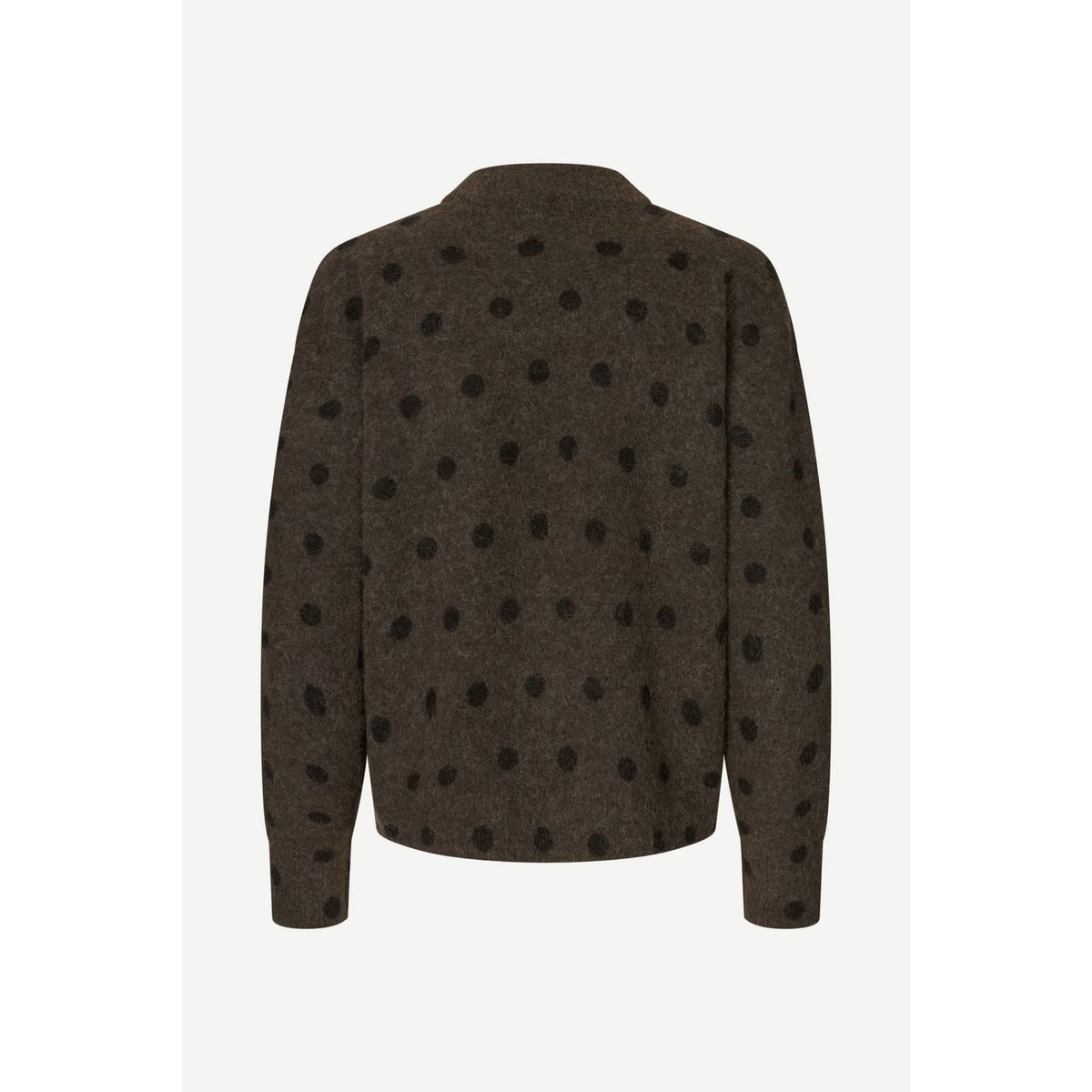 A dark brown knit cardigan sweater with black polka dots, shown from the back on a light gray background.