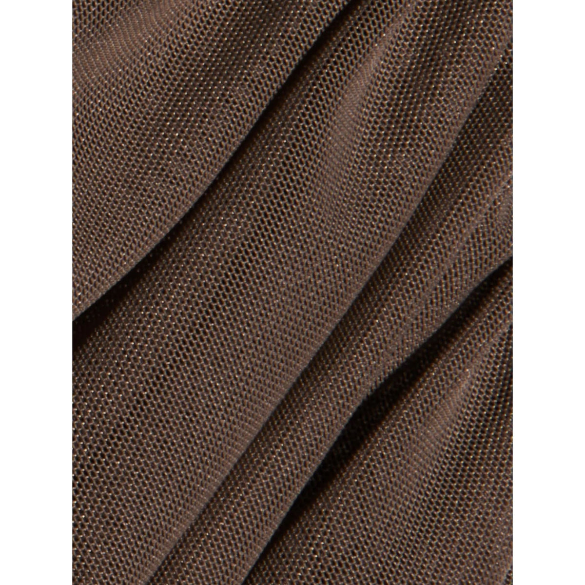 A close-up of draped brown woven fabric with a textured, basketweave-like pattern.