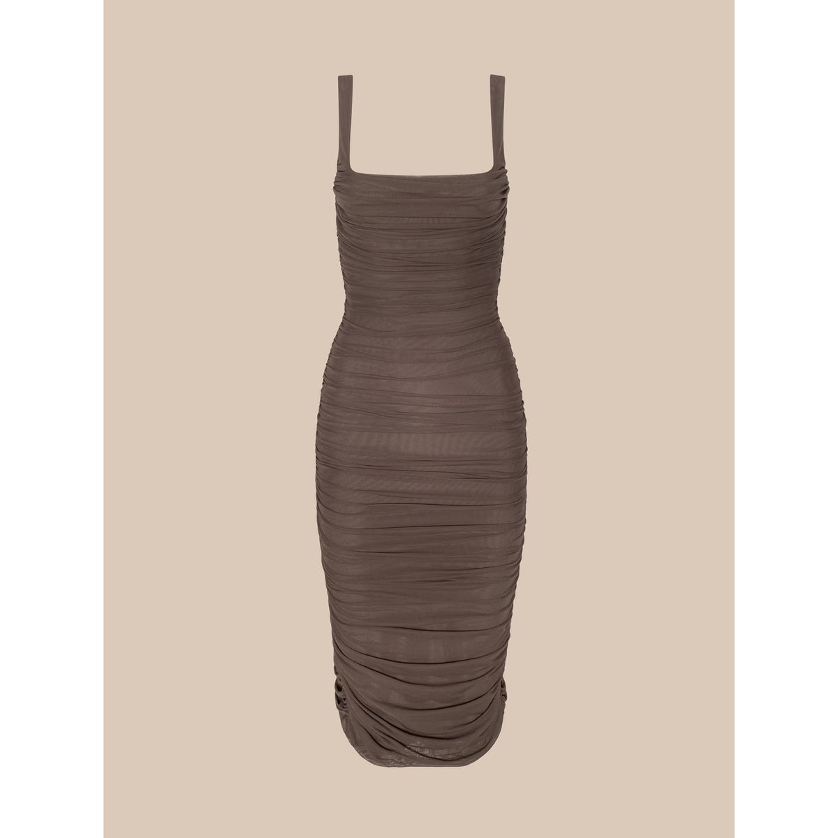 A brown ruched midi dress with thin shoulder straps and a square neckline, shown against a solid beige background.