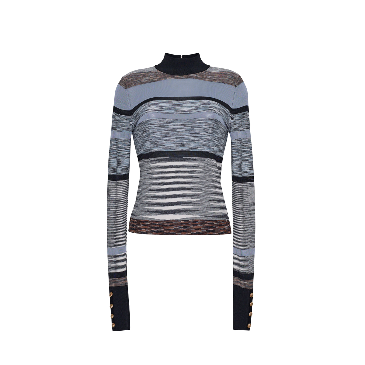 A long-sleeve mock neck knit top with a complex horizontal striped and textured pattern in shades of gray, black, and brown, featuring gold button accents on the cuffs.