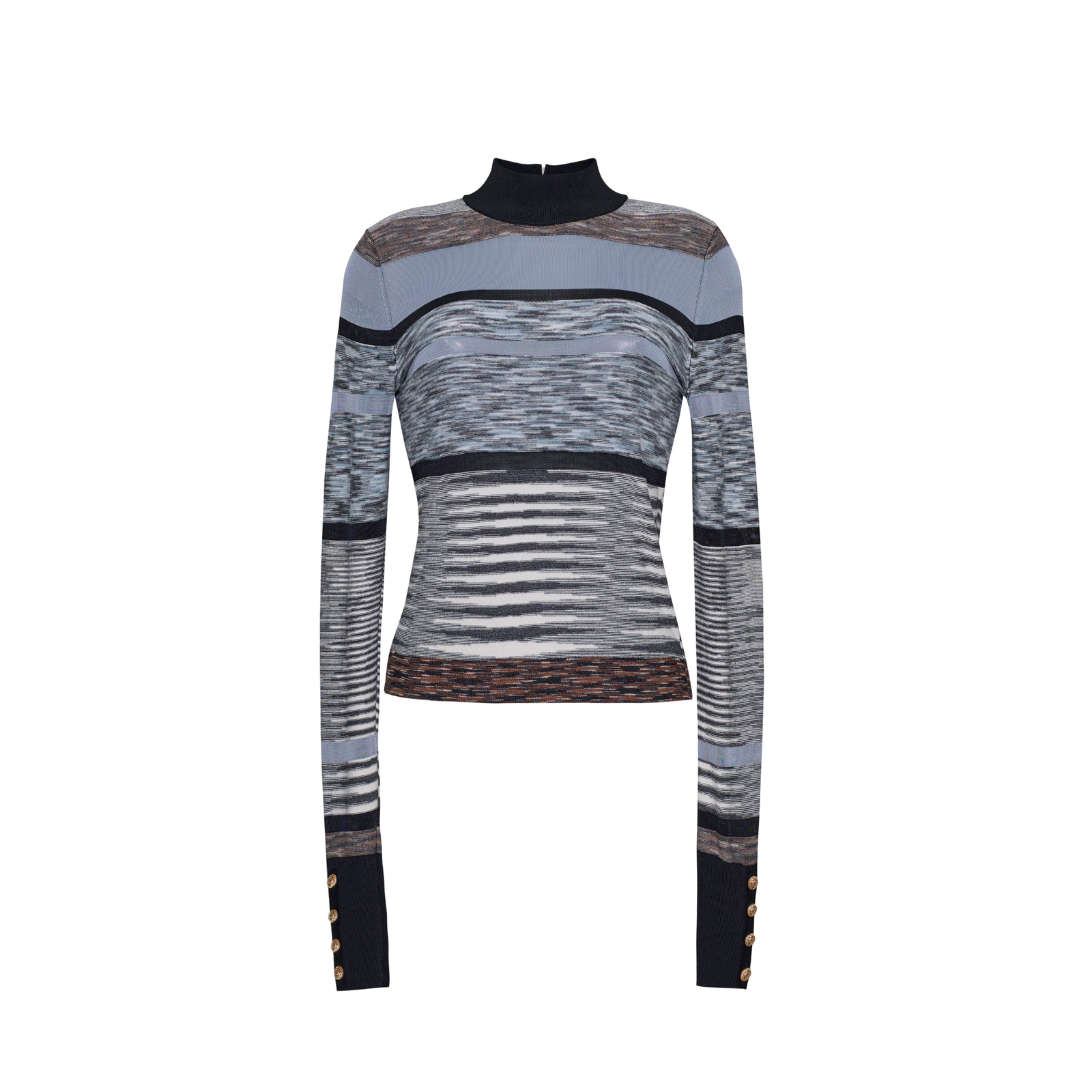 A long-sleeve mock neck knit top with a complex horizontal striped and textured pattern in shades of gray, black, and brown, featuring gold button accents on the cuffs.