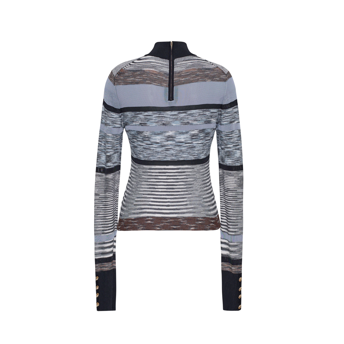 A long-sleeve mock-neck knit top with horizontal striped patterns in shades of gray, black, white, and brown, featuring gold button accents on the cuffs.