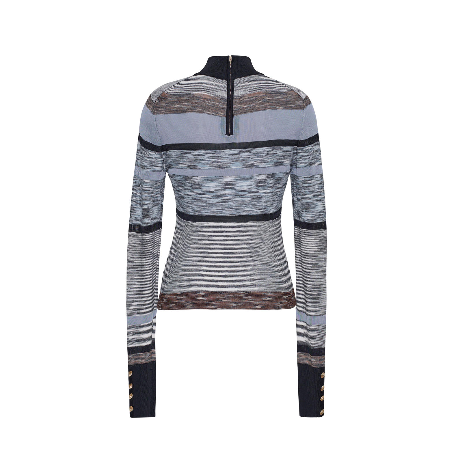 A long-sleeve mock neck knit top with a complex horizontal striped and textured pattern in shades of gray, black, and brown, featuring gold button accents on the cuffs.