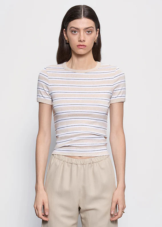 Short Sleeve Cotton Stripe Classic Tee - Wheat/White Stripe