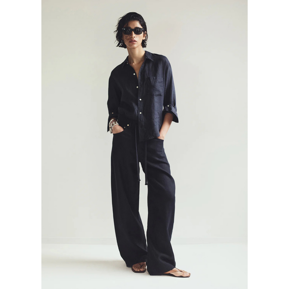 Brynn Drawstring Linen Trouser - True Navy