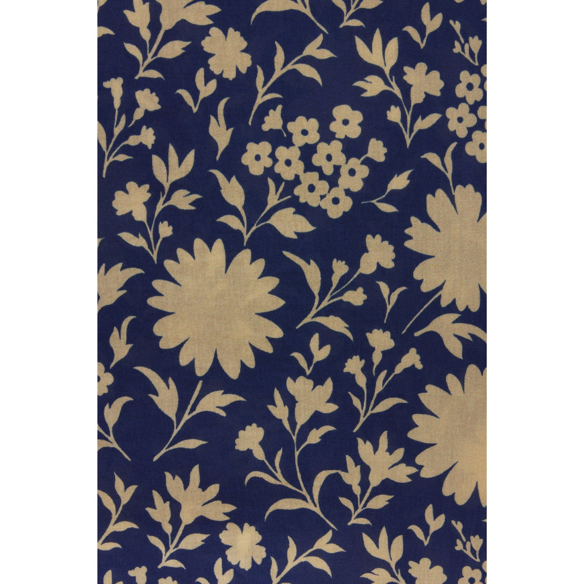 A close-up of a navy blue fabric or wallpaper pattern featuring a repeating beige floral and leafy botanical design.