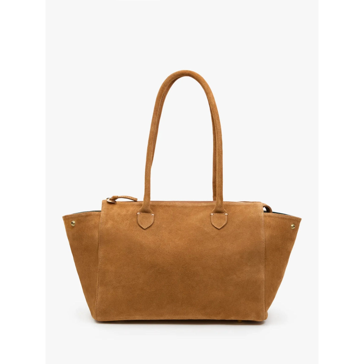 Front view of the "Beatrice" shoulder tote bag in Caramel brown suede featuring dual top handles and long shoulder straps against a plain white background.