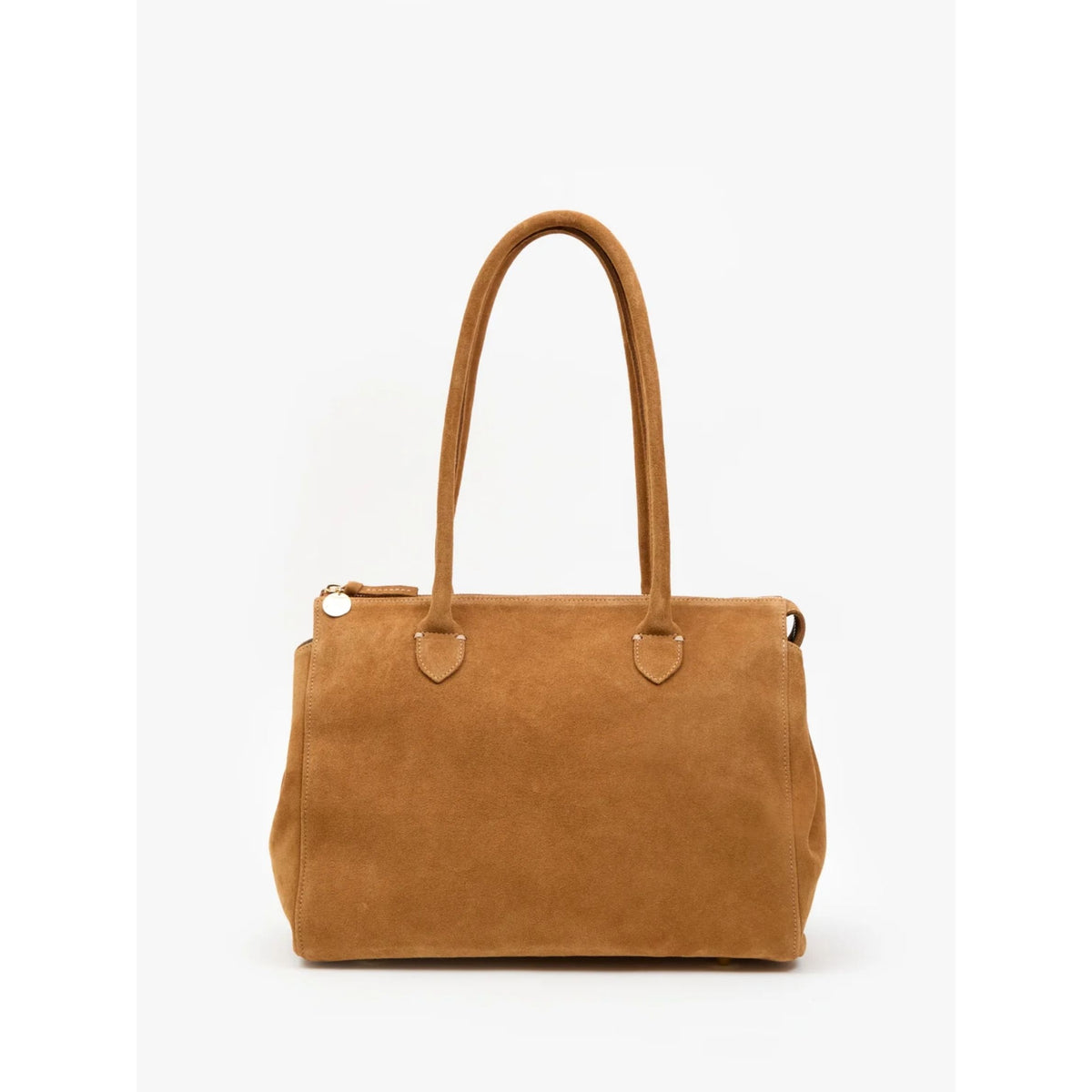 Front view of the Caramel brown suede Beatrice tote bag standing upright.