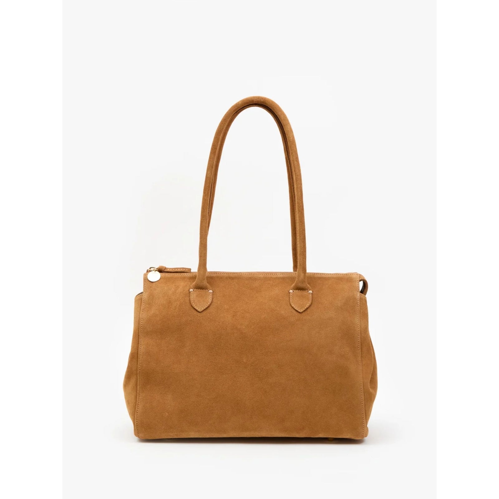 Front view of the "Beatrice" shoulder tote bag in Caramel brown suede featuring dual top handles and long shoulder straps against a plain white background.