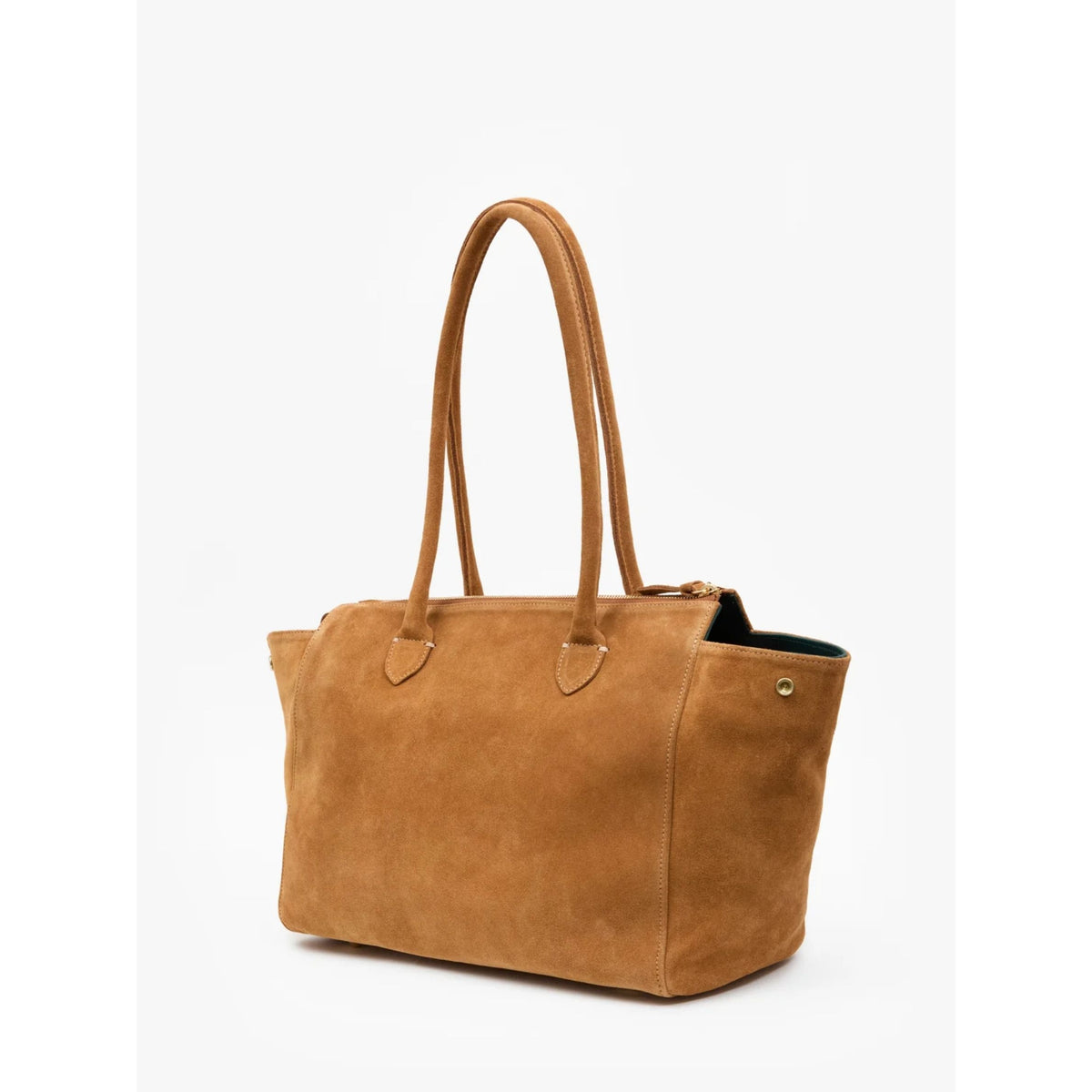 Three-quarter view of the Caramel brown suede Beatrice tote bag showing its side structure and depth.