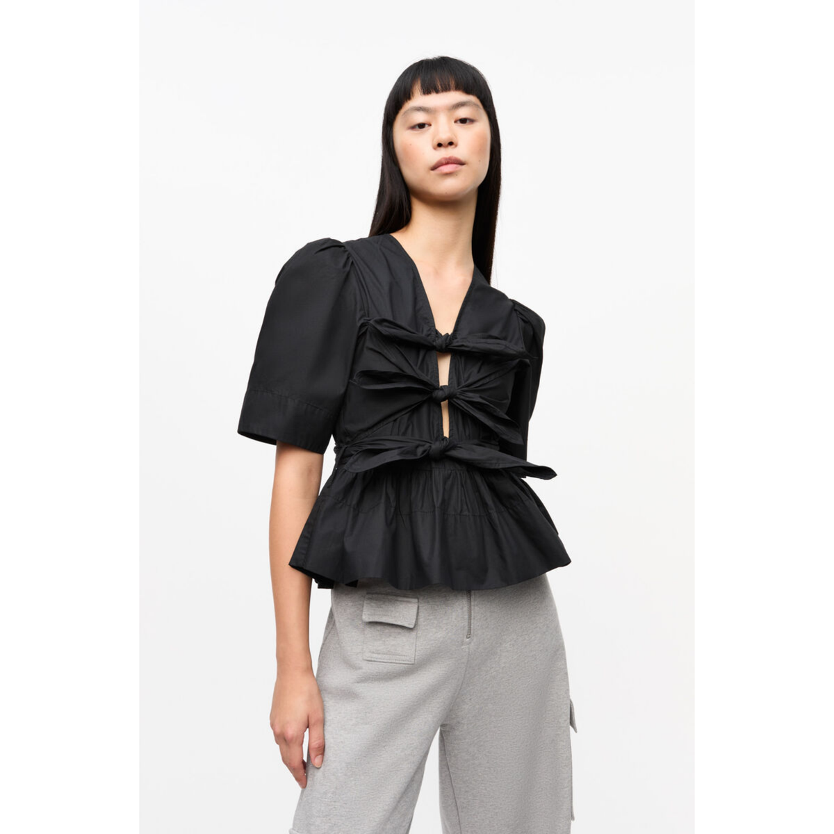 Black Stretch Cotton Tie Strap Blouse