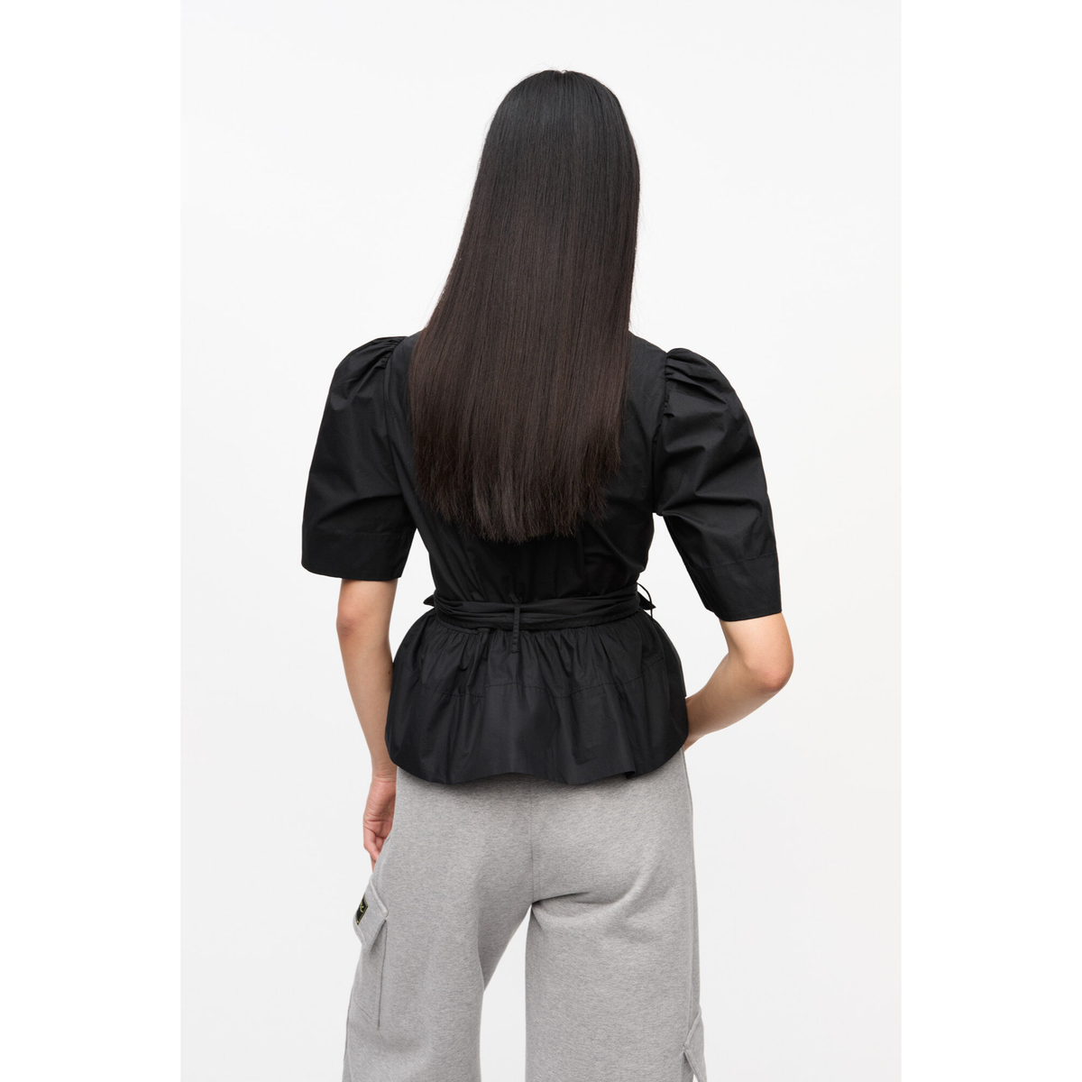 Black Stretch Cotton Tie Strap Blouse