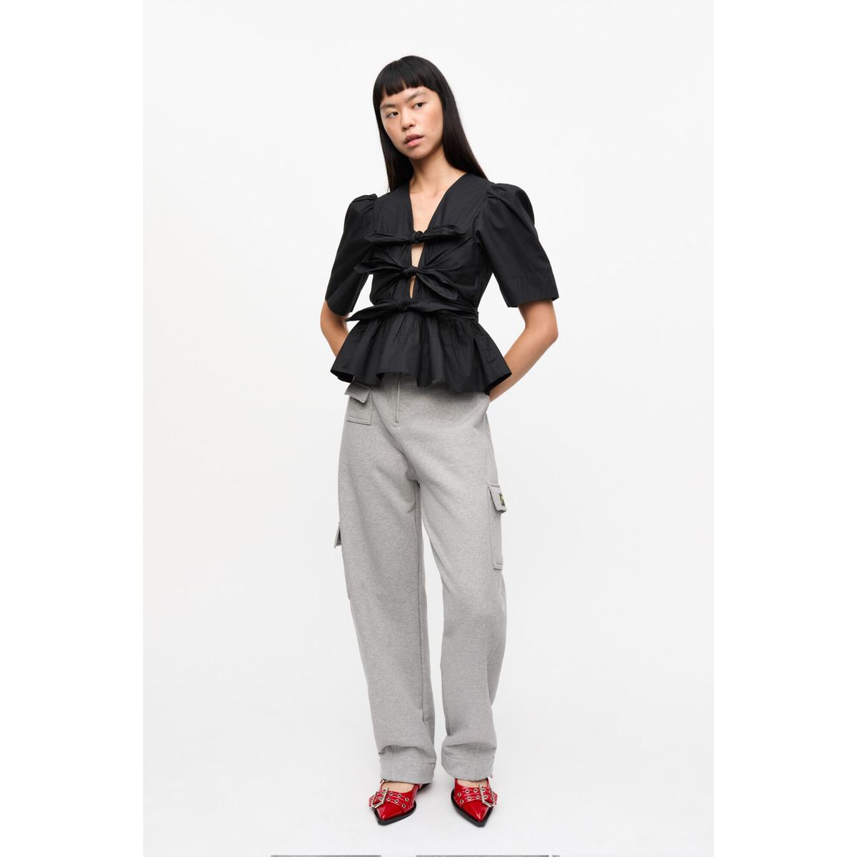 Black Stretch Cotton Tie Strap Blouse