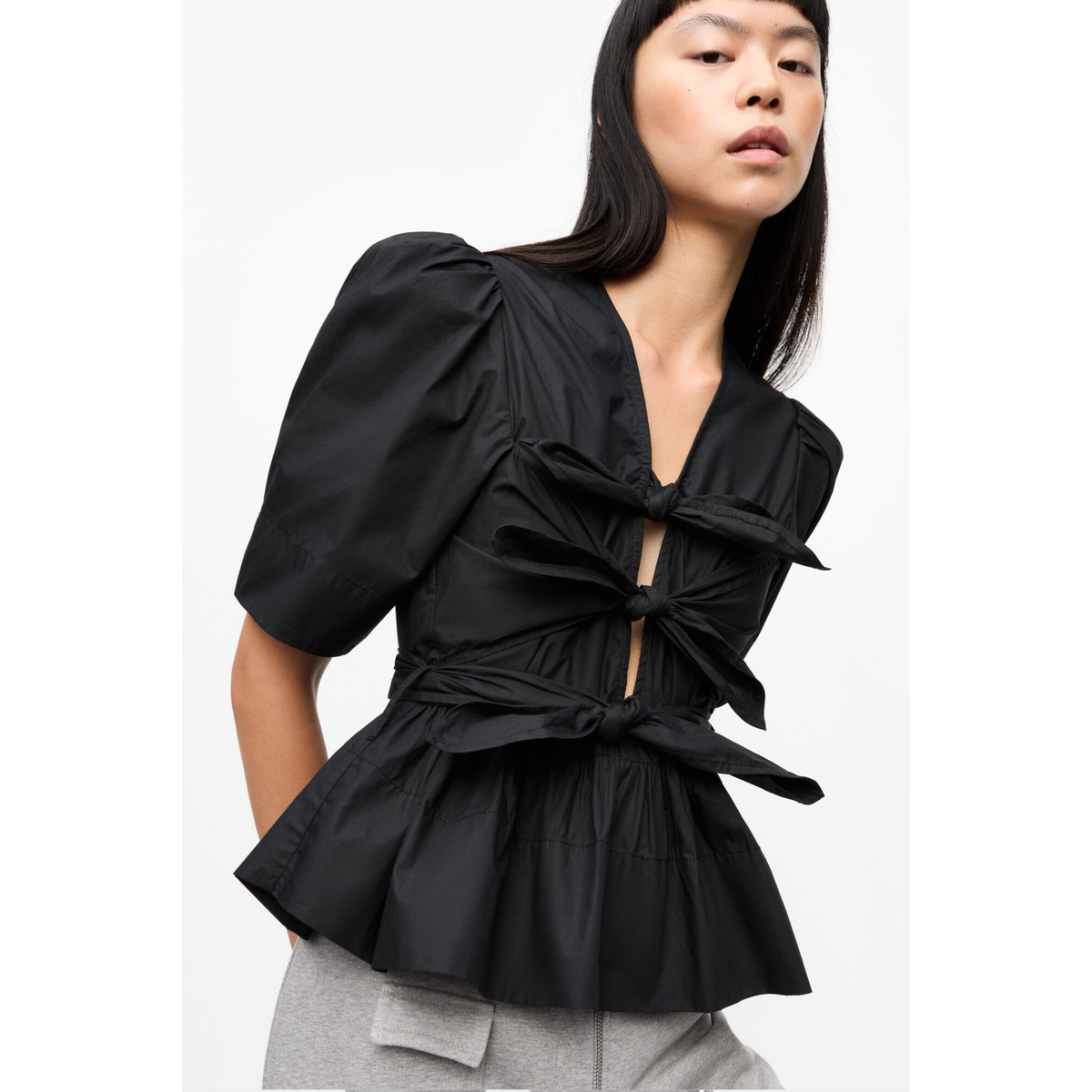 Black Stretch Cotton Tie Strap Blouse