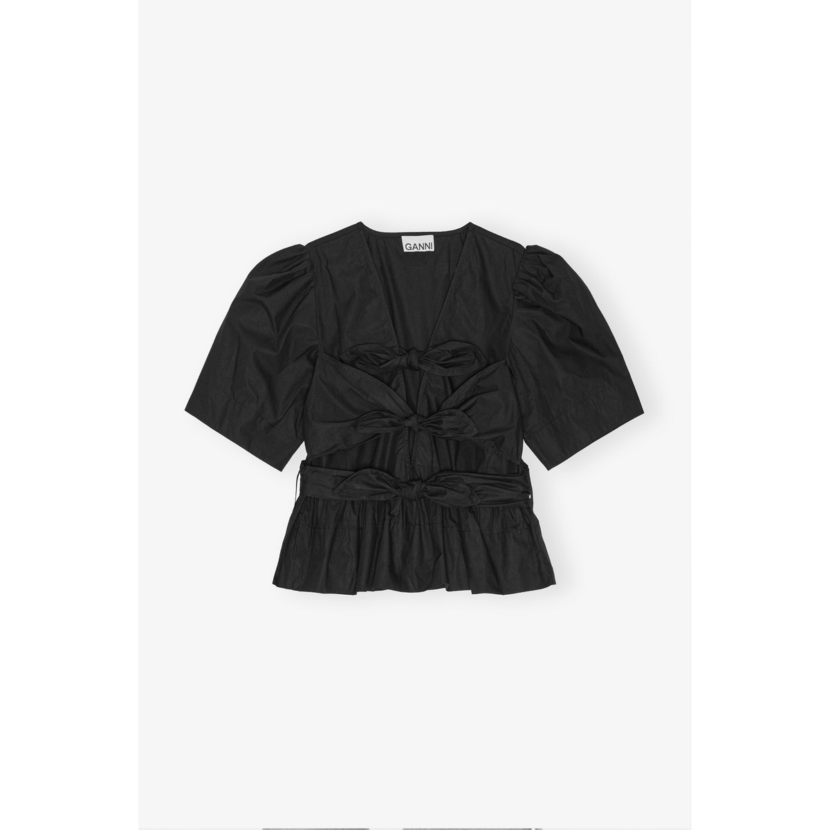 Black Stretch Cotton Tie Strap Blouse