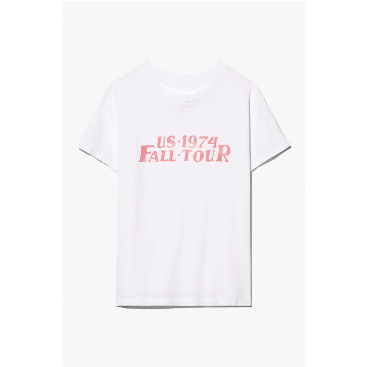 A white short-sleeve crewneck t-shirt featuring a pink graphic print on the chest that reads 'US 1974 FALL TOUR'.