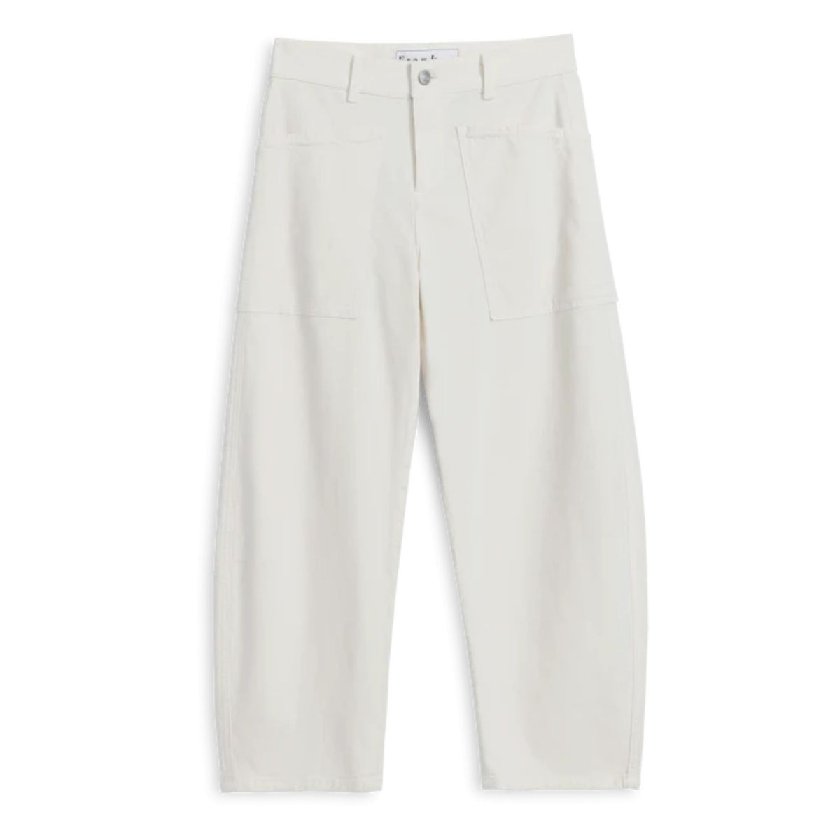 Front product view of the Frank & Eileen Bray Everyday Barrel Pant in Chalk—off-white cropped barrel-leg pants with wrap-around utility pockets set against a plain white background.