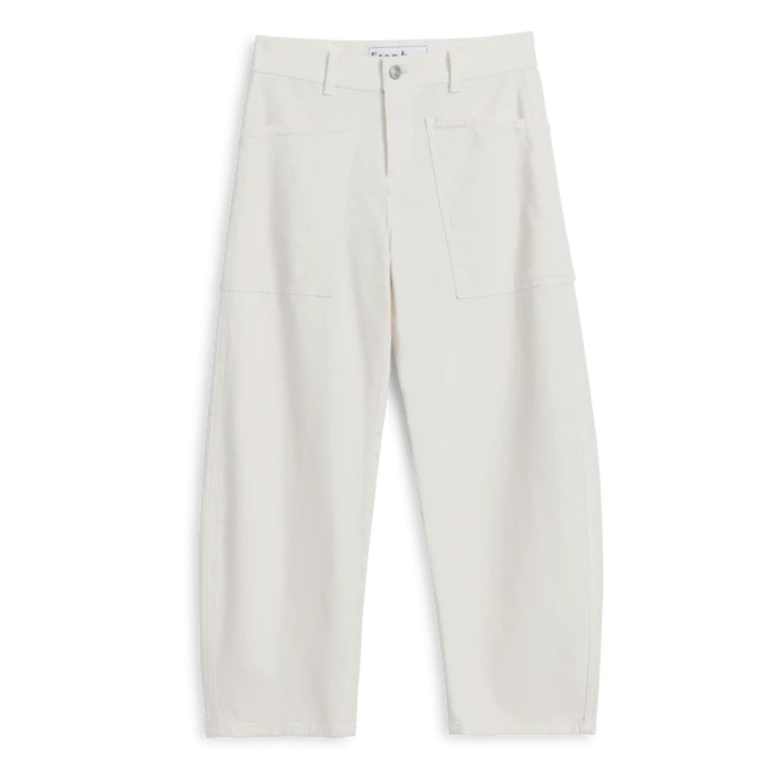 Front product view of the Frank & Eileen Bray Everyday Barrel Pant in Chalk—off-white cropped barrel-leg pants with wrap-around utility pockets set against a plain white background.