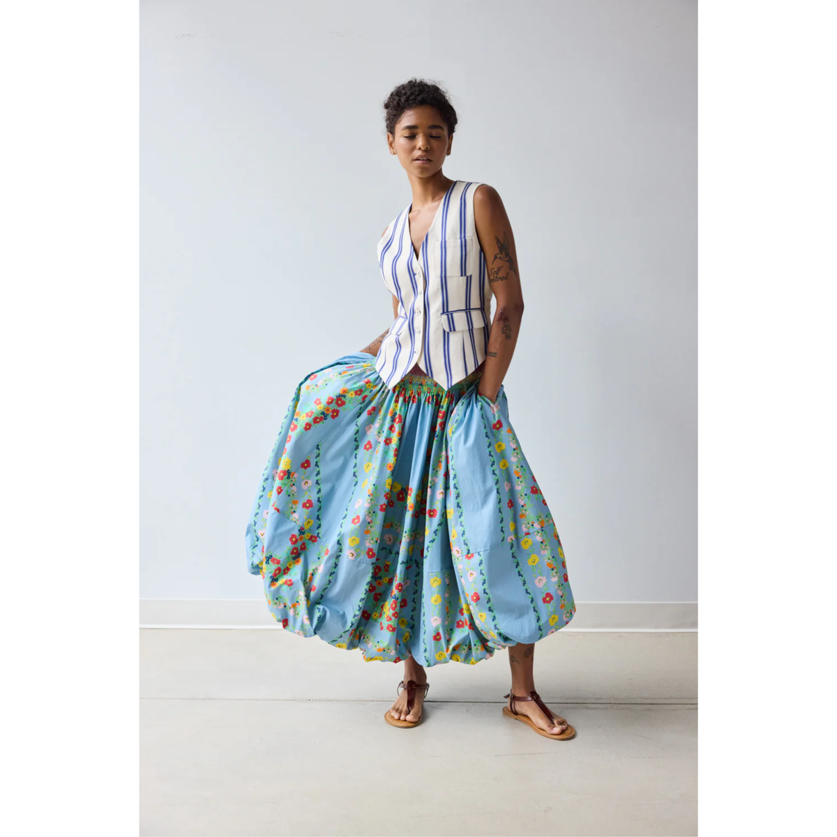 Bubble Hem Skirt - Chambray Floral Scarf