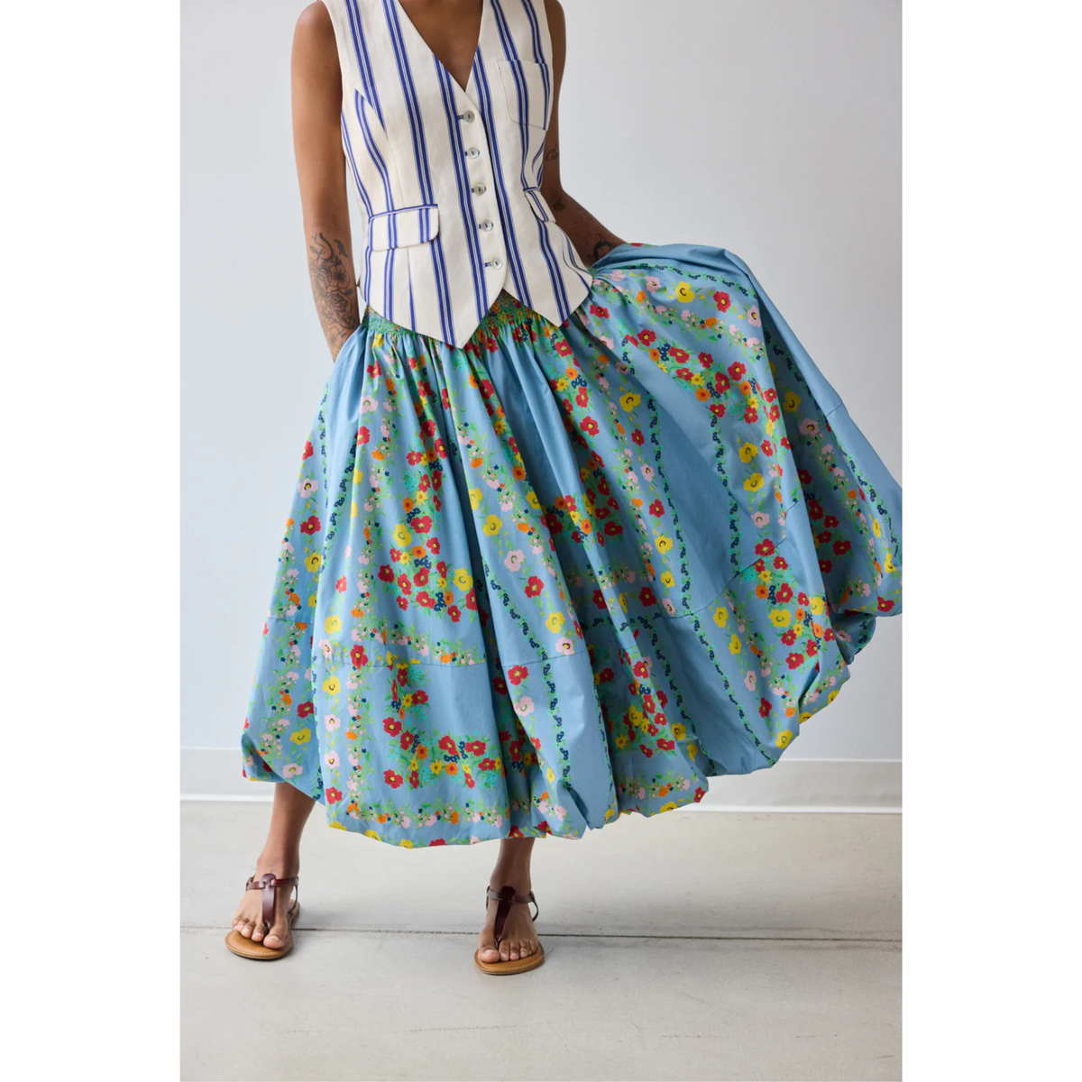 Bubble Hem Skirt - Chambray Floral Scarf