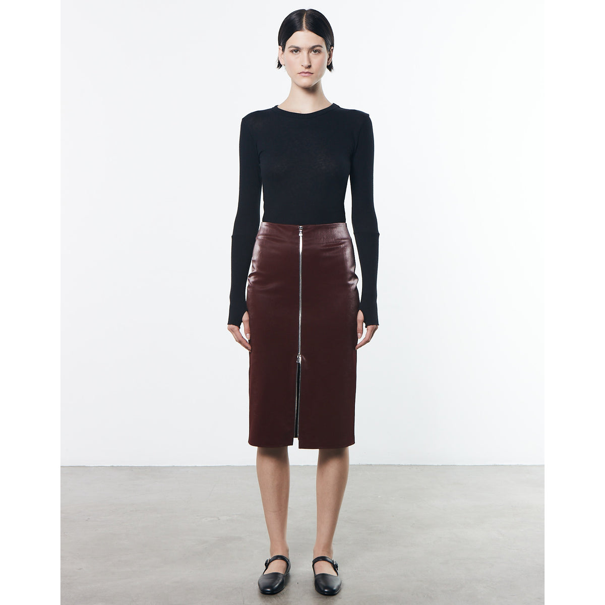 Satin Finish Leather Zip Skirt
