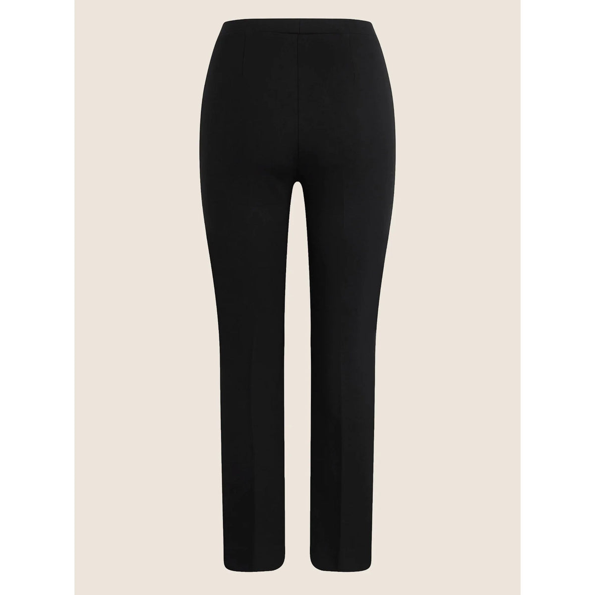 Black straight-leg trousers shown on a headless mannequin against a solid light beige background.