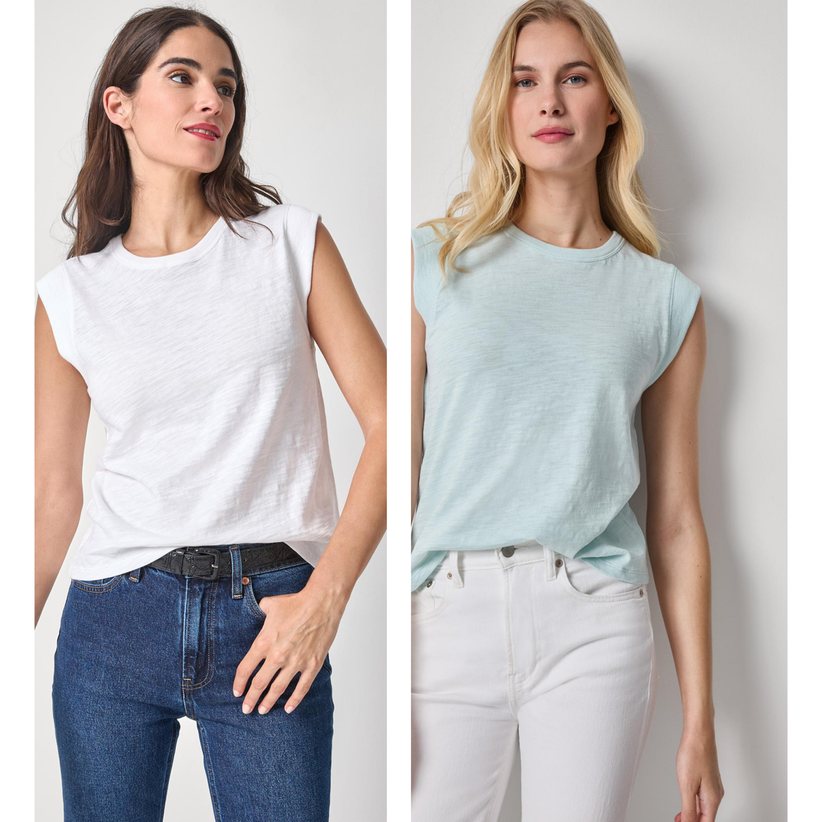 Two women wearing sleeveless tops and jeans against a plain background