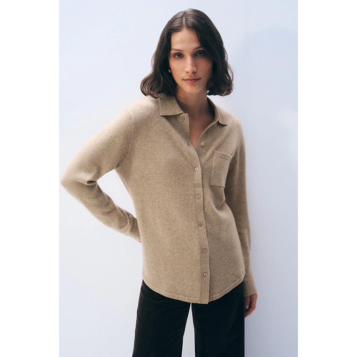 Cashmere Blend Button Shirt - Taupe Heather