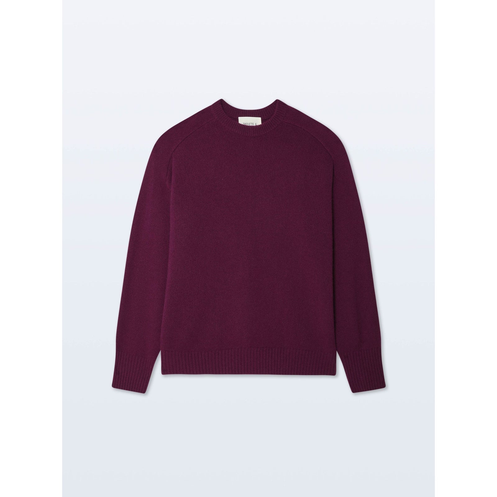 Front flat lay view of the long-sleeve "Cashmere Crew" sweater in Sangria deep burgundy wine red against a plain light background.