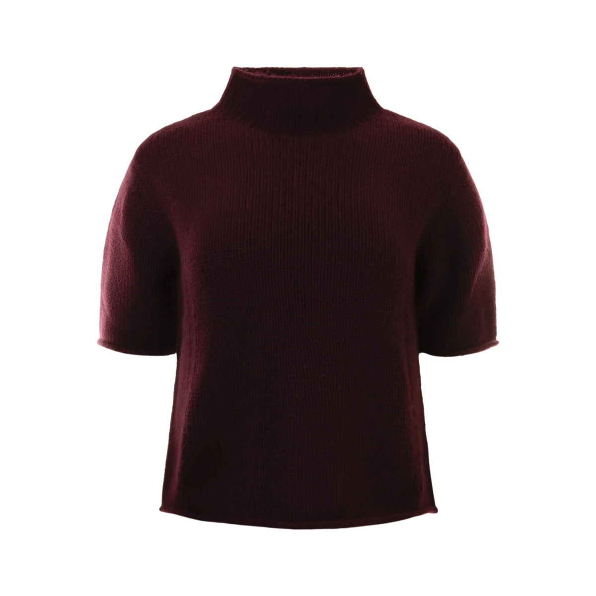 Front flat lay view of the short-sleeve mock-neck knit tee in dark burgundy.