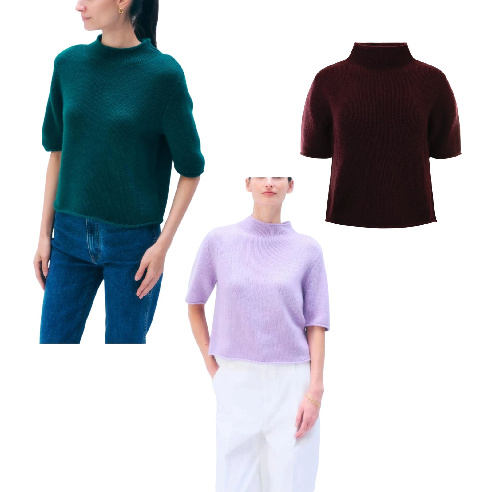Half-body shot of a model wearing a short-sleeve dark teal green mock-neck cashmere tee, another model wearing the cashmere tee in lavender and then a flatlay of the cashmere tee in burgundy.