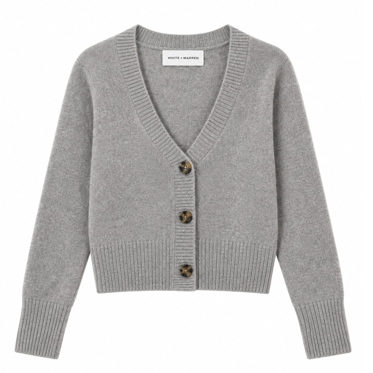 Front flat lay view of the "Cashmere Scoop Cardigan" in Heather Grey, featuring a button-up front with brown buttons, long sleeves, and a deep scoop neckline against a plain white background.