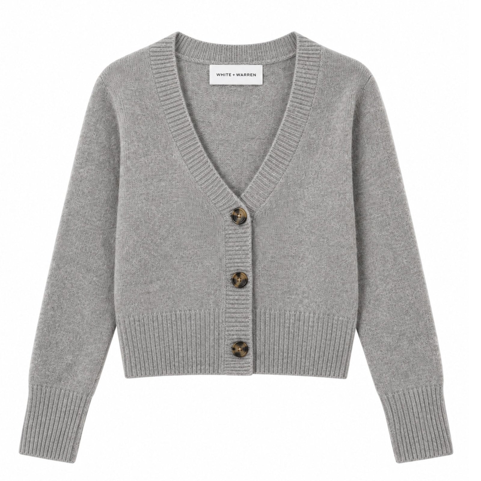 Front flat lay view of the "Cashmere Scoop Cardigan" in Heather Grey, featuring a button-up front with brown buttons, long sleeves, and a deep scoop neckline against a plain white background.